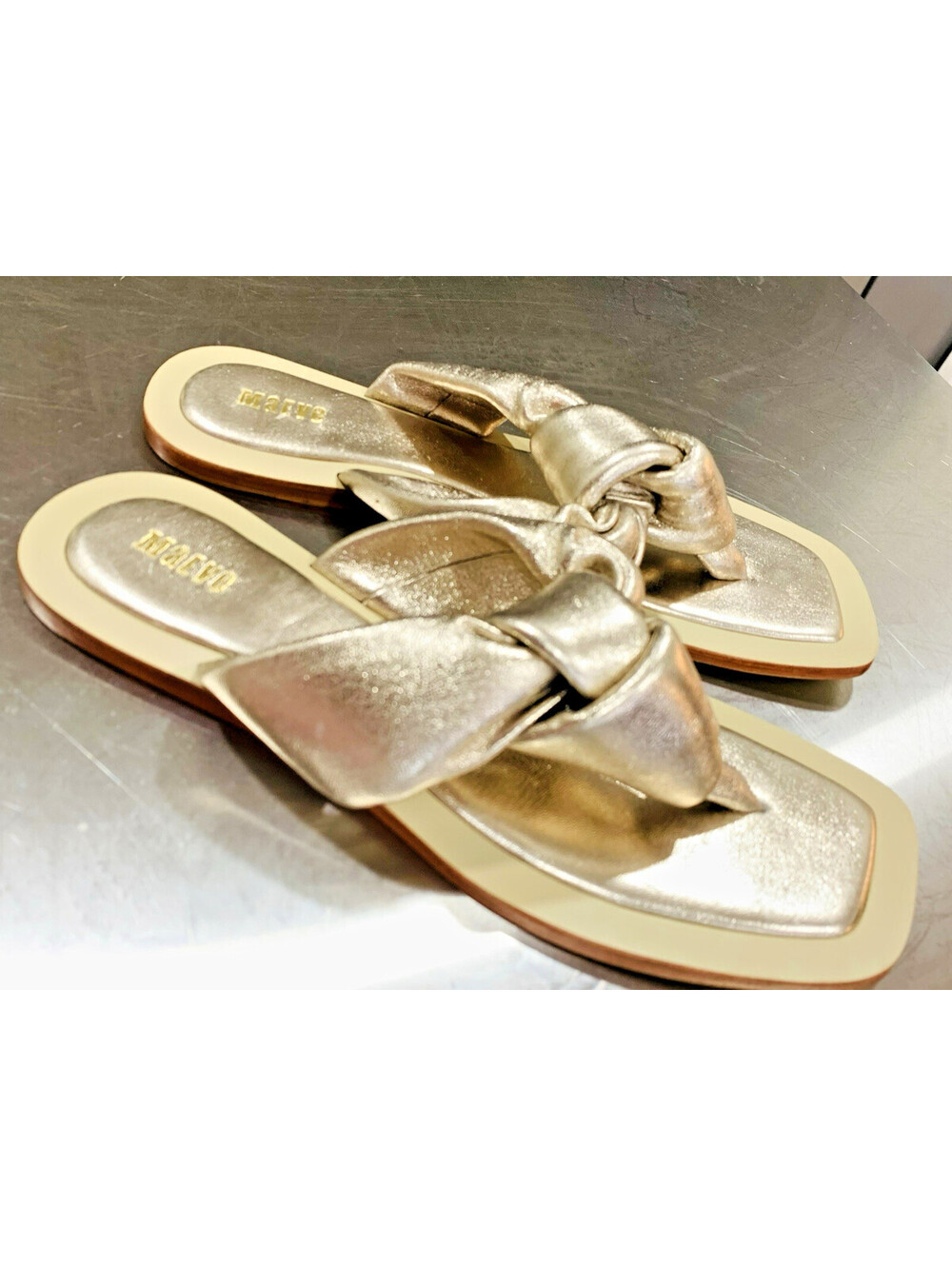 NEW ANTHROPOLOGIE Maeve Leather Puffy Knotted Sandals, Gold Metallic Leather 8 - Picture 4 of 10